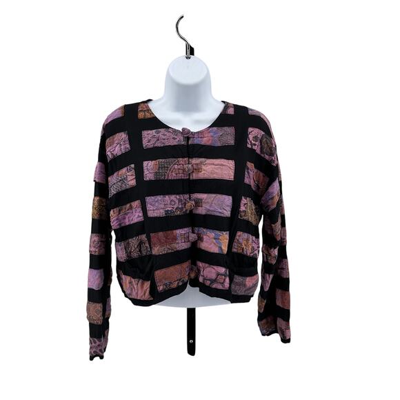 Meng Design Patchwork Crop Jacket Womens S Black/Pink Vintage 90s Boho Artsy LS - Picture 1 of 6